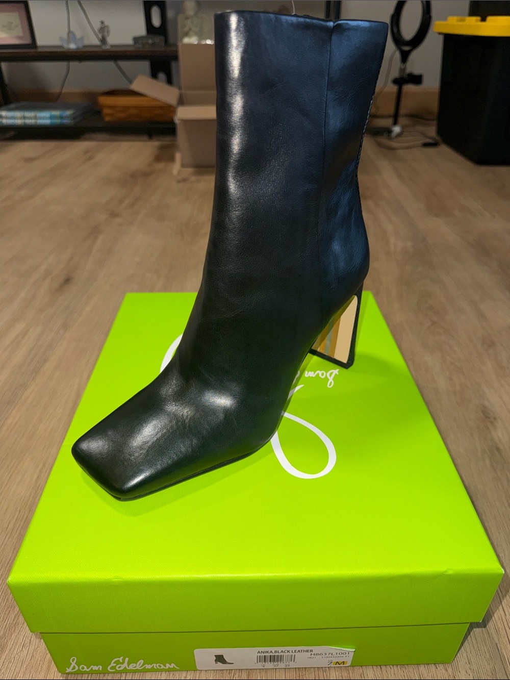 Sam Edelman Black Leather Square-Toe Mid-Calf Boot